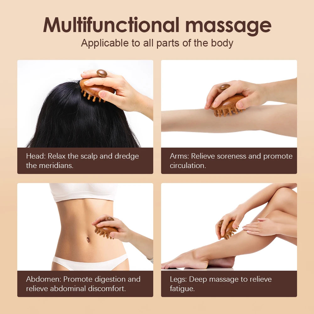 Multi-Functional Wood Therapy Massage Comb Scalp Head Massager Natural Sandalwood Circular Tooth Guasha Scraping Body Massager
